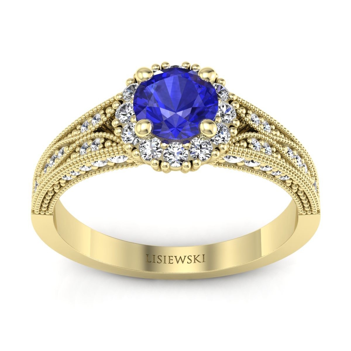 Eve - Złoty pierścionek z szafirem cejlońskim i diamentami