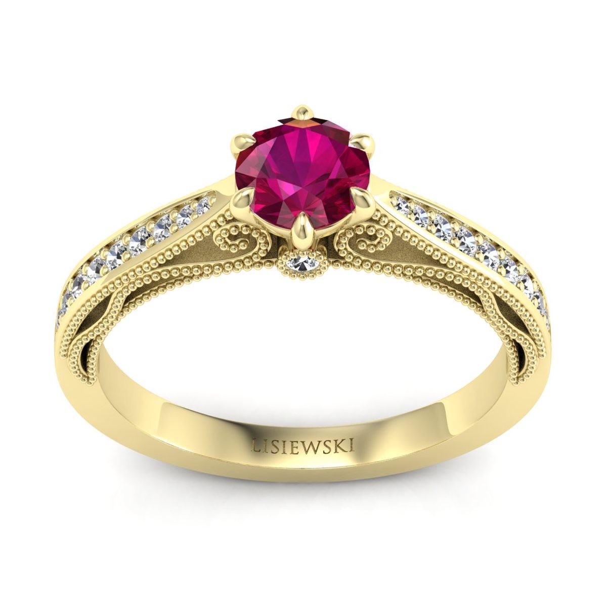 Rose - Złoty pierścionek z rubinem i diamentami