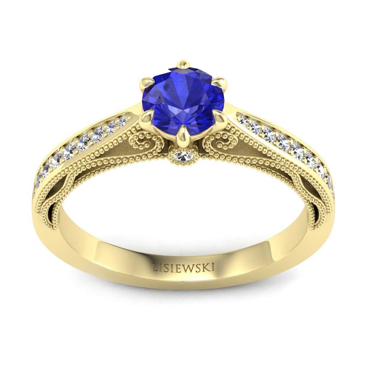 Rose - Złoty pierścionek z szafirem cejlońskim i diamentami