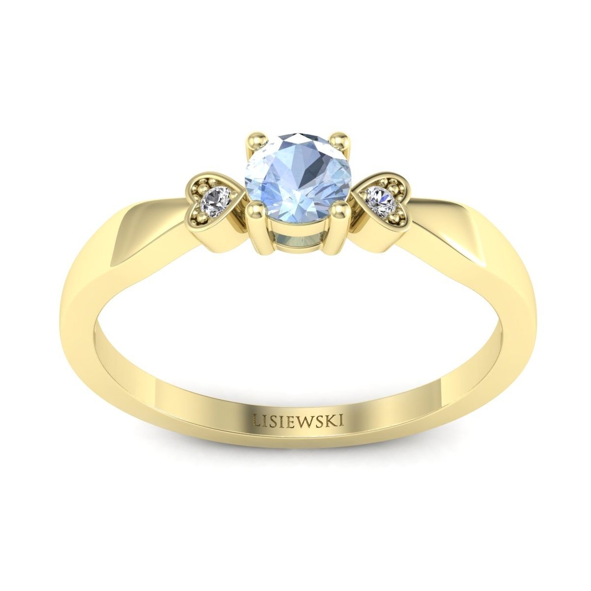 Two hearts - Złoty pierścionek z akwamarynem i diamentami